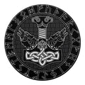 Mjolnir And Scandinavian Runes Print Round Blanket
