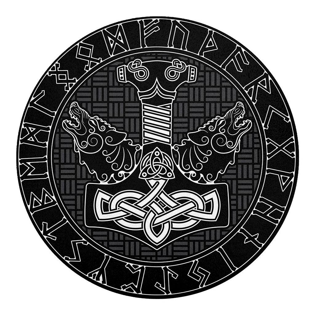 Mjolnir And Scandinavian Runes Print Round Blanket