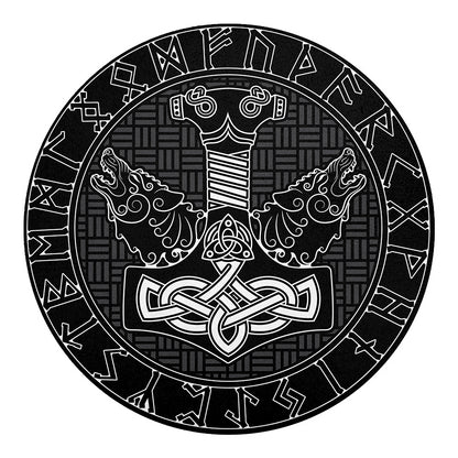 Mjolnir And Scandinavian Runes Print Round Blanket
