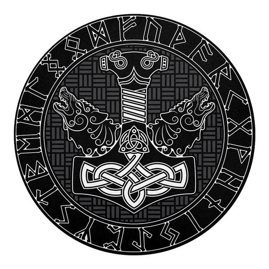 Mjolnir And Scandinavian Runes Print Round Blanket