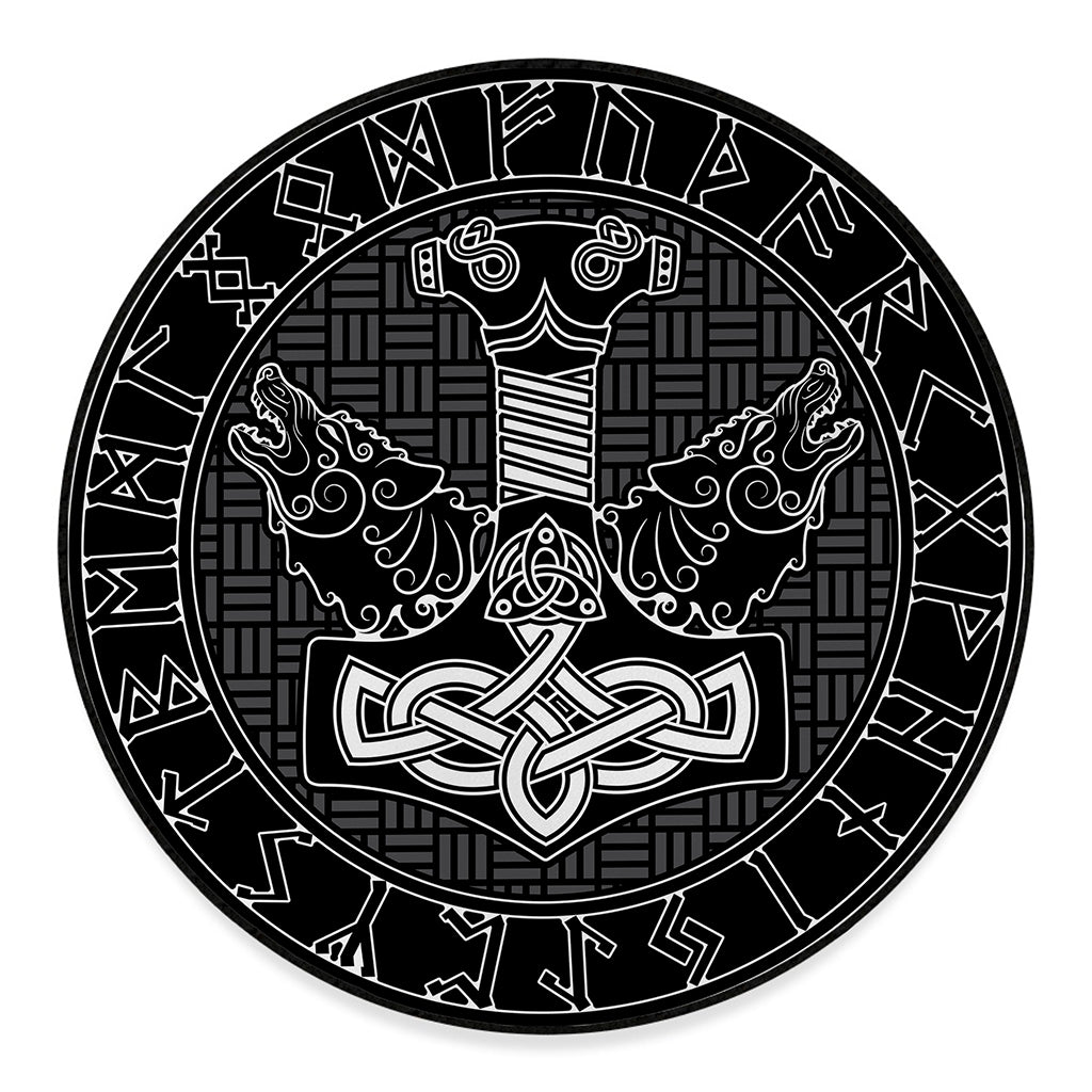 Mjolnir And Scandinavian Runes Print Round Floor Mat