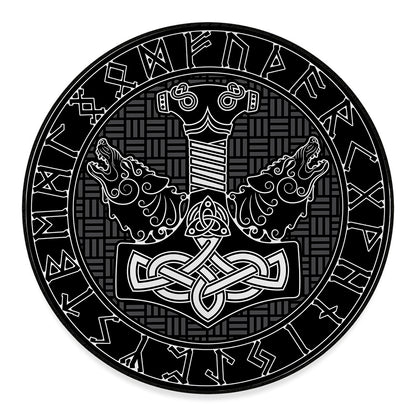 Mjolnir And Scandinavian Runes Print Round Floor Mat