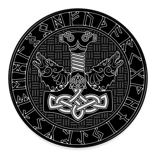 Mjolnir And Scandinavian Runes Print Round Floor Mat
