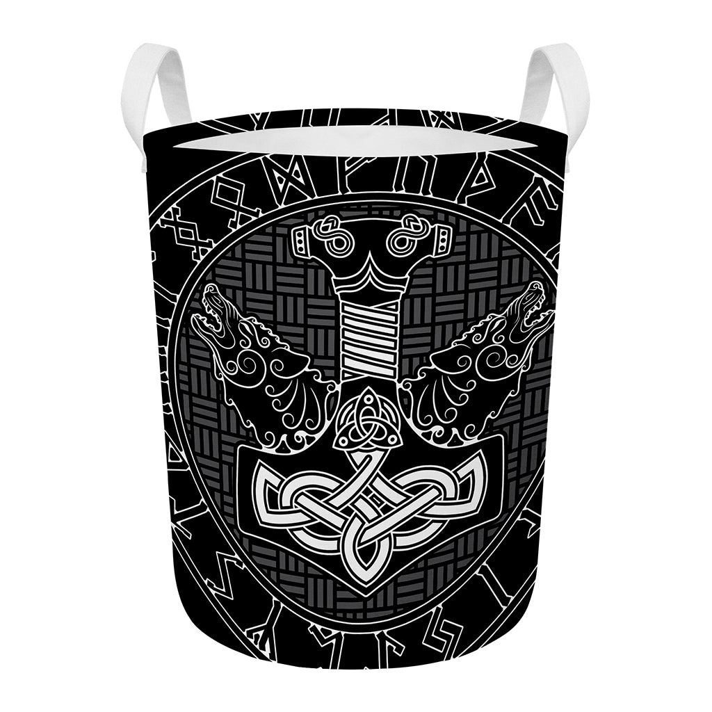 Mjolnir And Scandinavian Runes Print Round Laundry Basket