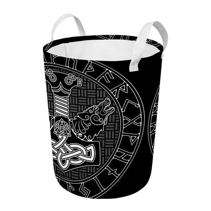 Mjolnir And Scandinavian Runes Print Round Laundry Basket