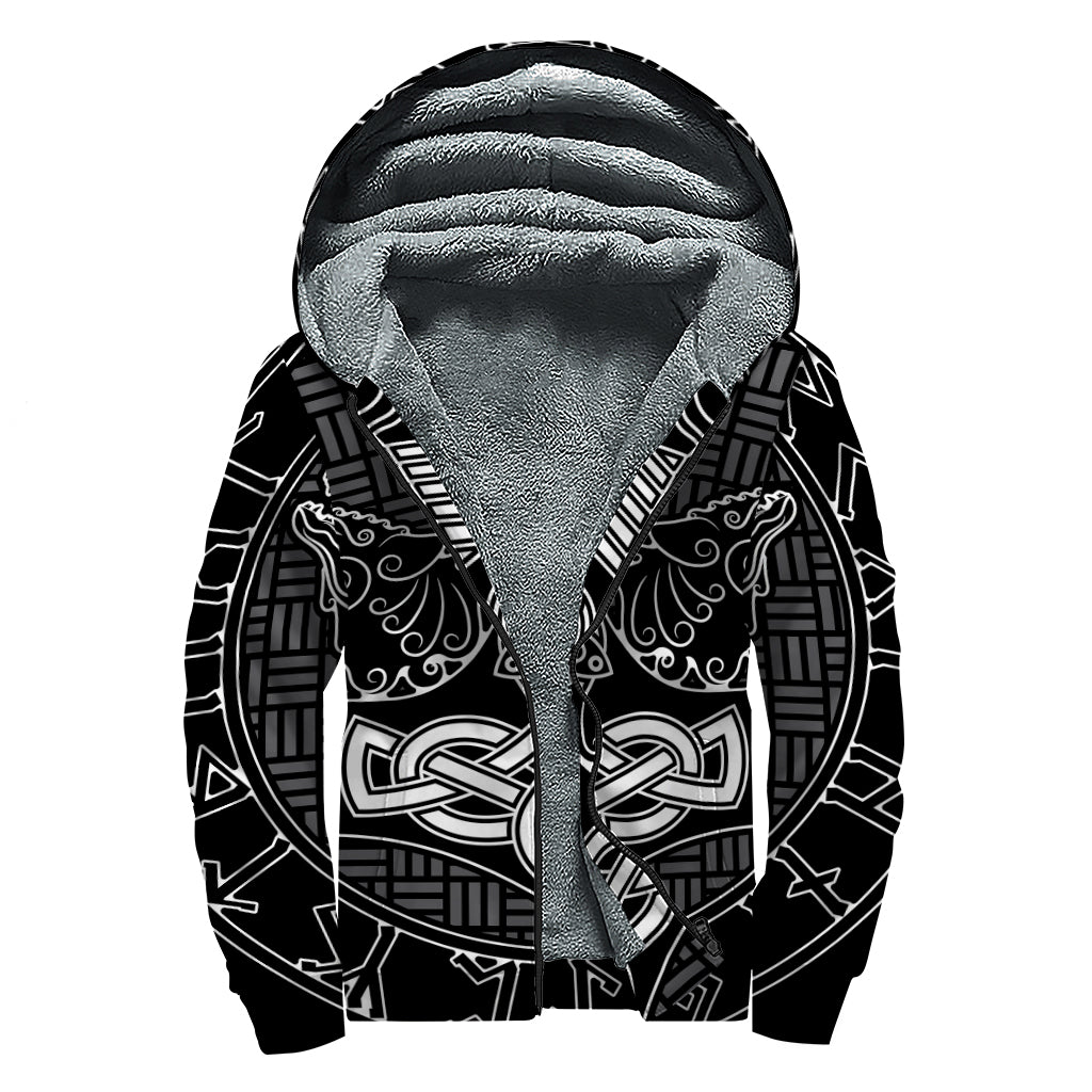 Mjolnir And Scandinavian Runes Print Sherpa Lined Zip Up Hoodie