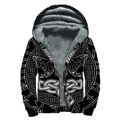 Mjolnir And Scandinavian Runes Print Sherpa Lined Zip Up Hoodie