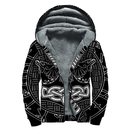 Mjolnir And Scandinavian Runes Print Sherpa Lined Zip Up Hoodie