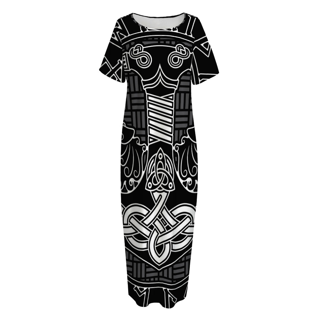 Mjolnir And Scandinavian Runes Print Short Sleeve Long Nightdress
