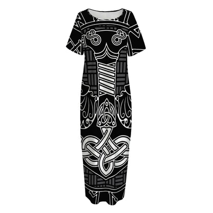 Mjolnir And Scandinavian Runes Print Short Sleeve Long Nightdress