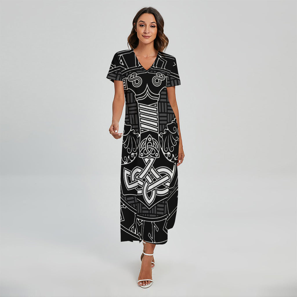 Mjolnir And Scandinavian Runes Print Short Sleeve Maxi Dress