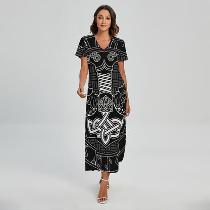 Mjolnir And Scandinavian Runes Print Short Sleeve Maxi Dress