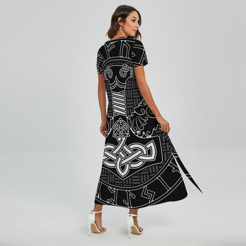 Mjolnir And Scandinavian Runes Print Short Sleeve Maxi Dress