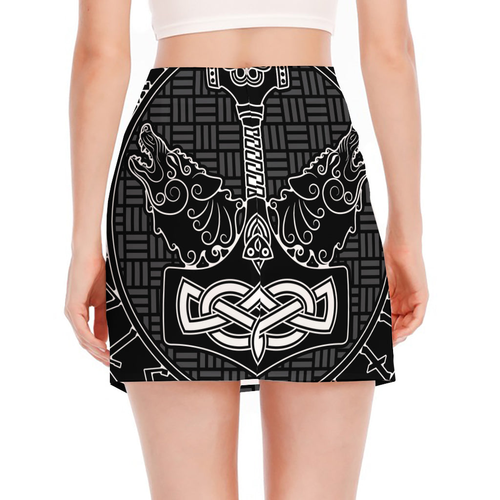 Mjolnir And Scandinavian Runes Print Side Slit Mini Skirt