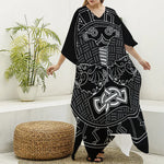 Mjolnir And Scandinavian Runes Print Silk V-Neck Kaftan Dress