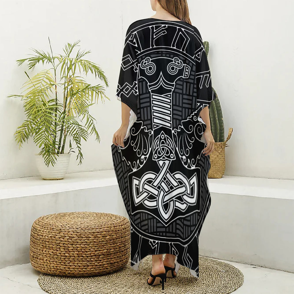Mjolnir And Scandinavian Runes Print Silk V-Neck Kaftan Dress