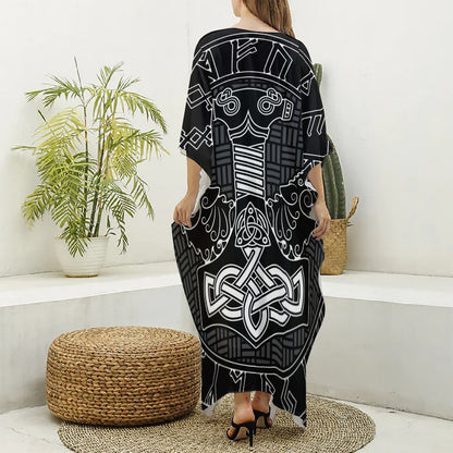 Mjolnir And Scandinavian Runes Print Silk V-Neck Kaftan Dress