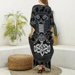 Mjolnir And Scandinavian Runes Print Silk V-Neck Kaftan Dress