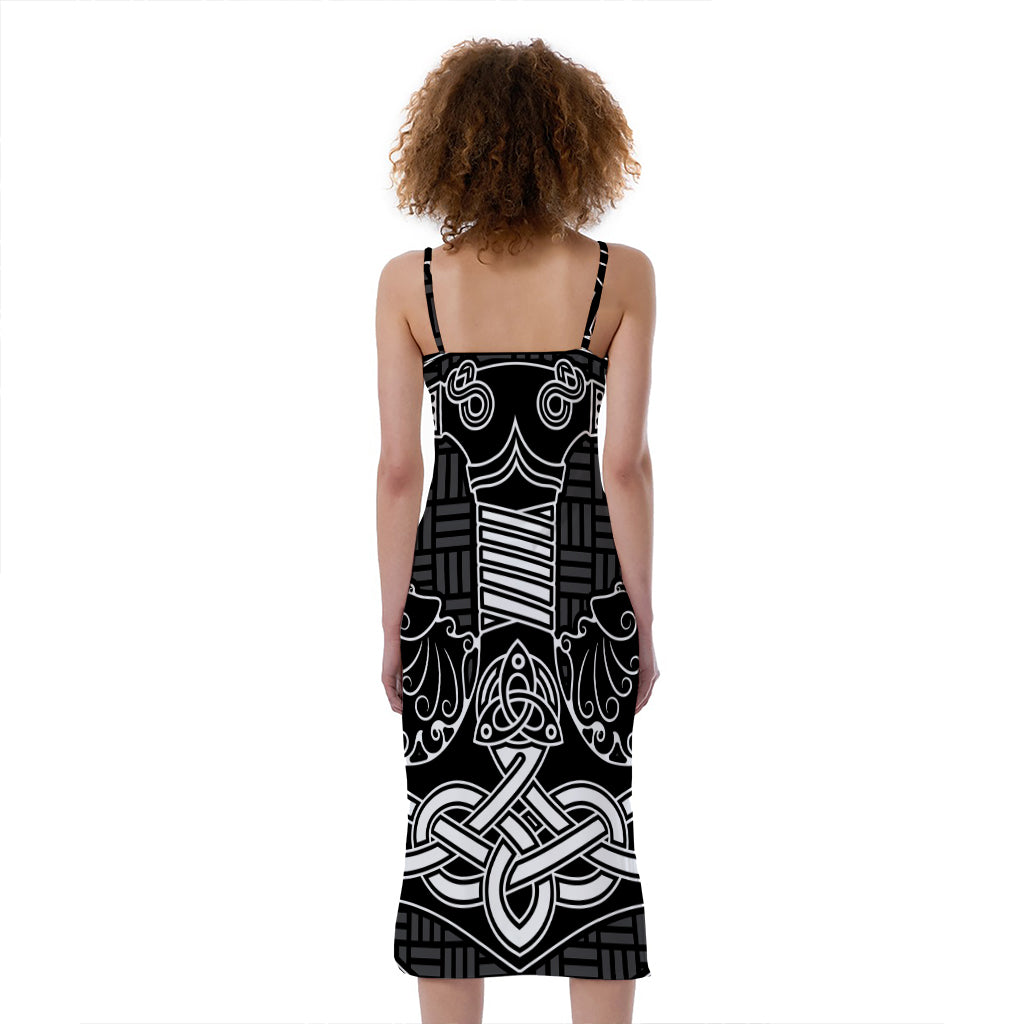 Mjolnir And Scandinavian Runes Print Slim Fit Midi Cami Dress
