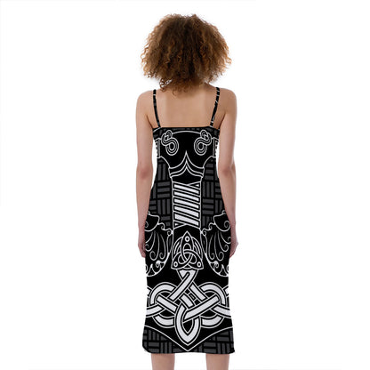 Mjolnir And Scandinavian Runes Print Slim Fit Midi Cami Dress