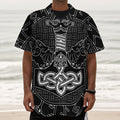 Mjolnir And Scandinavian Runes Print Textured Short Sleeve Shirt
