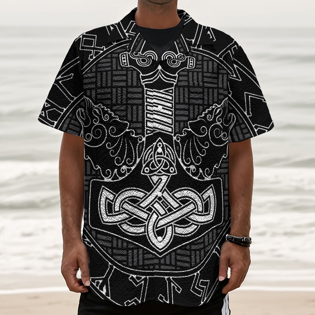 Mjolnir And Scandinavian Runes Print Textured Short Sleeve Shirt