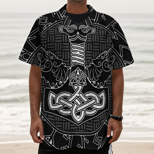 Mjolnir And Scandinavian Runes Print Textured Short Sleeve Shirt