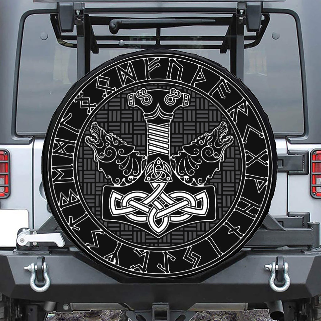 Mjolnir And Scandinavian Runes Print Tire Cover