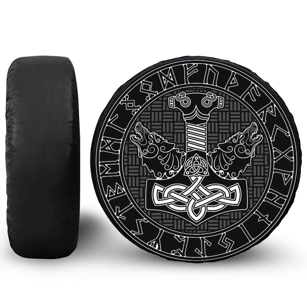 Mjolnir And Scandinavian Runes Print Tire Cover
