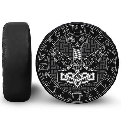 Mjolnir And Scandinavian Runes Print Tire Cover