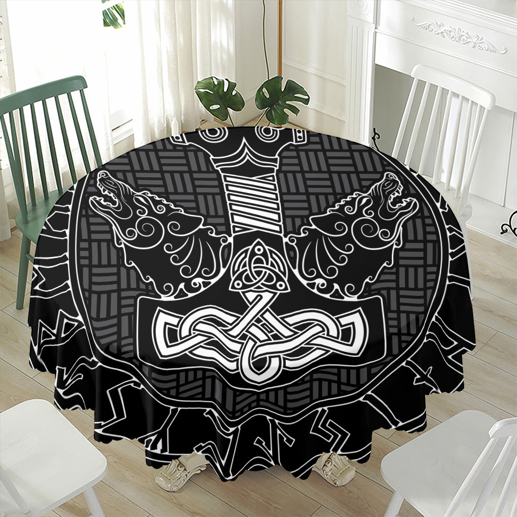 Mjolnir And Scandinavian Runes Print Waterproof Round Tablecloth