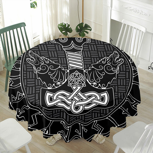 Mjolnir And Scandinavian Runes Print Waterproof Round Tablecloth