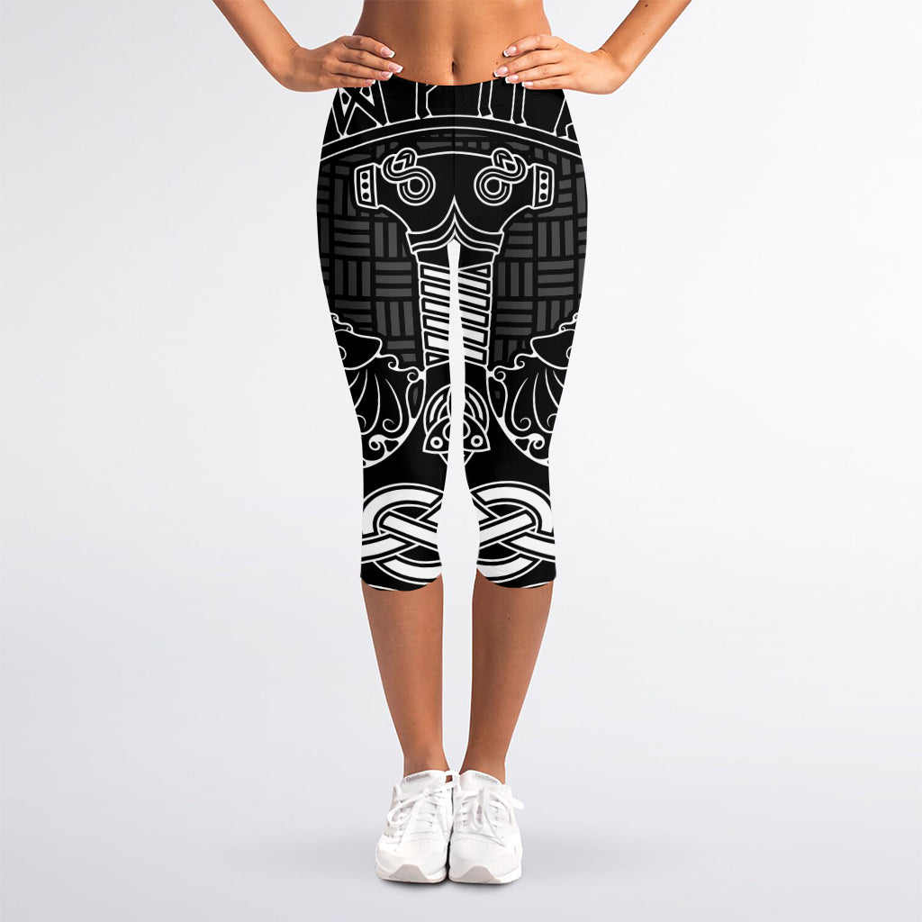 Mjolnir And Scandinavian Runes Print Women's Capri Leggings