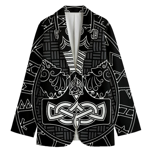 Mjolnir And Scandinavian Runes Print Women's Cotton Blazer