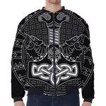 Mjolnir And Scandinavian Runes Print Zip Sleeve Bomber Jacket