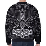 Mjolnir And Scandinavian Runes Print Zip Sleeve Bomber Jacket