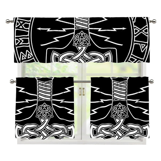 Mjolnir And Younger Futhark Print 3 Piece Kitchen Curtains