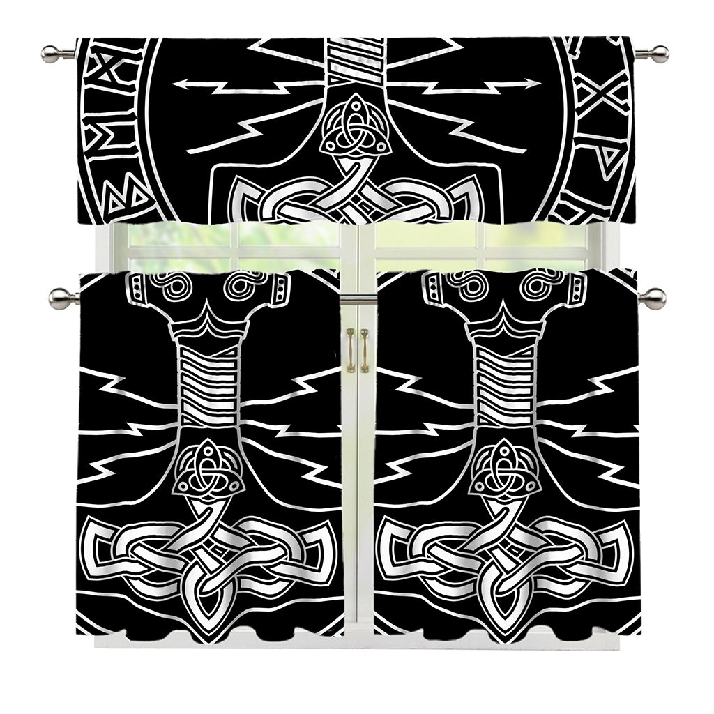 Mjolnir And Younger Futhark Print 3 Piece Kitchen Curtains