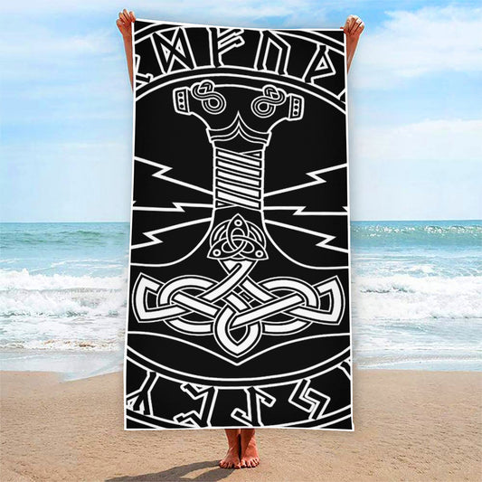 Mjolnir And Younger Futhark Print Beach Towel