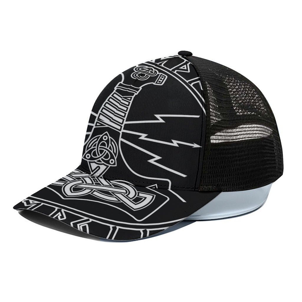 Mjolnir And Younger Futhark Print Black Mesh Trucker Cap