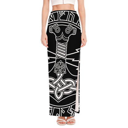 Mjolnir And Younger Futhark Print High Slit Maxi Skirt