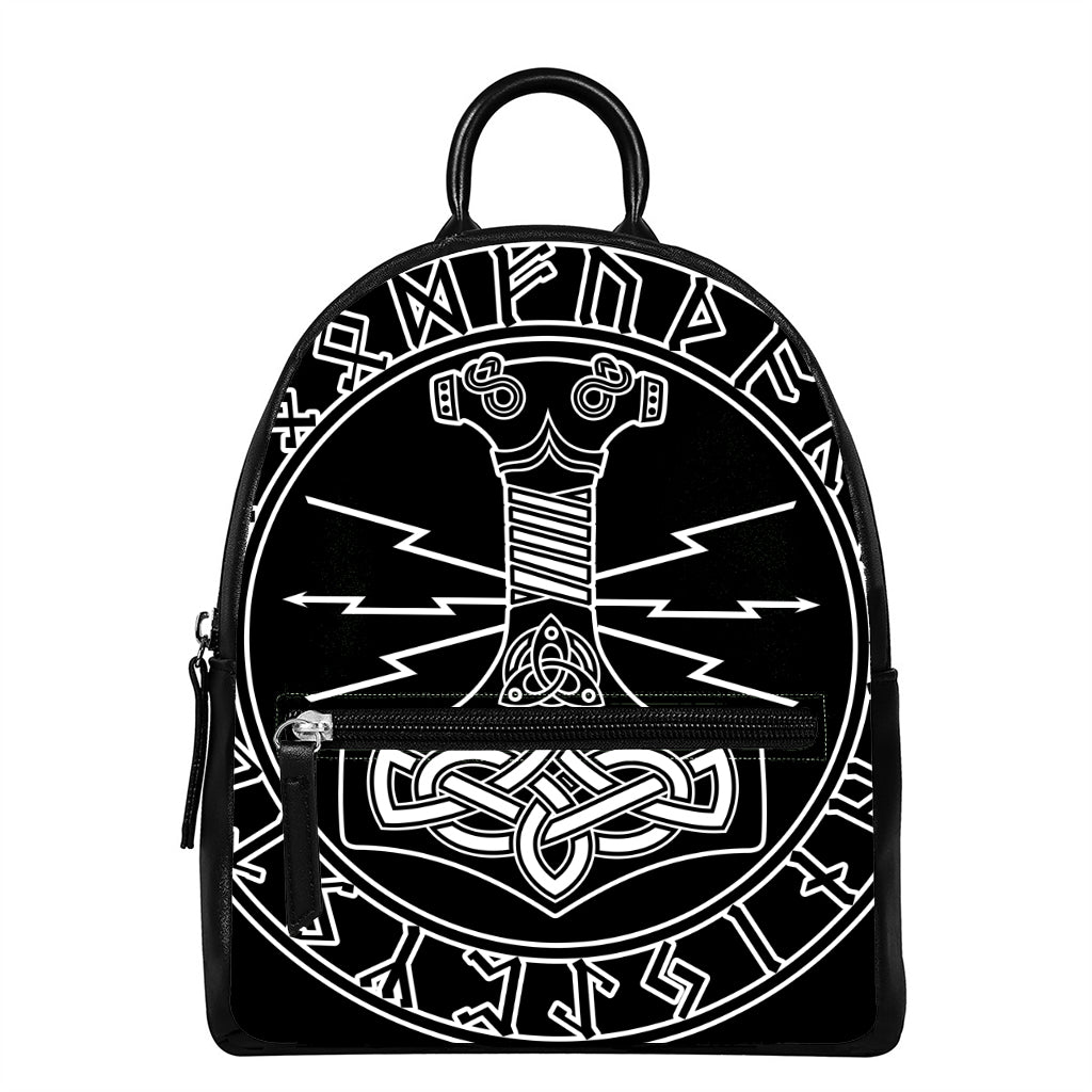 Mjolnir And Younger Futhark Print Leather Backpack