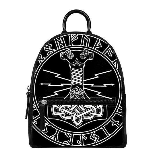 Mjolnir And Younger Futhark Print Leather Backpack