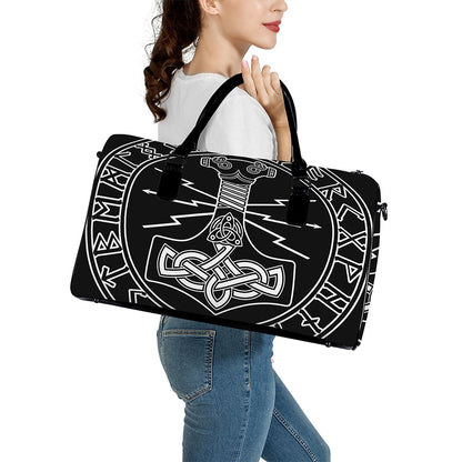 Mjolnir And Younger Futhark Print Leather Duffle Bag