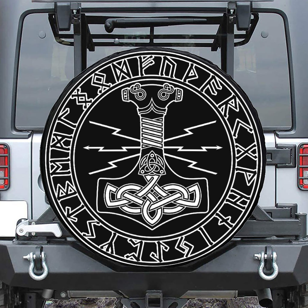 Mjolnir And Younger Futhark Print Leather Spare Tire Cover