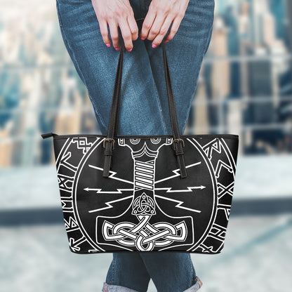 Mjolnir And Younger Futhark Print Leather Tote Bag