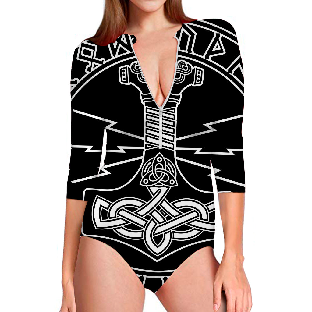 Mjolnir And Younger Futhark Print Long Sleeve Swimsuit