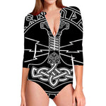 Mjolnir And Younger Futhark Print Long Sleeve Swimsuit