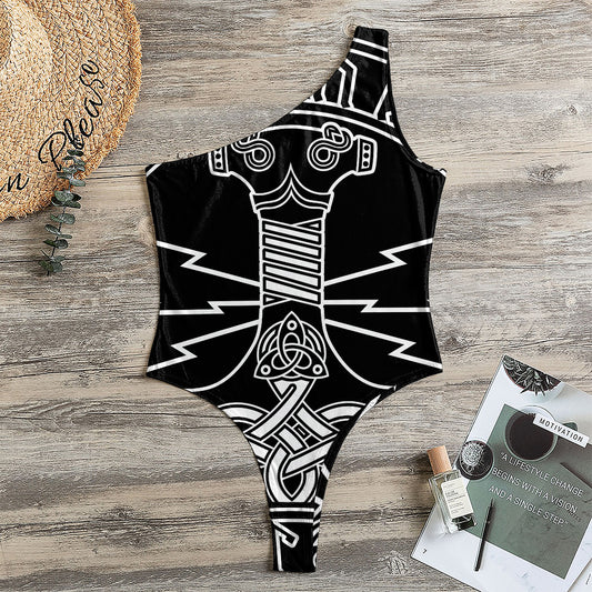 Mjolnir And Younger Futhark Print One Shoulder Bodysuit