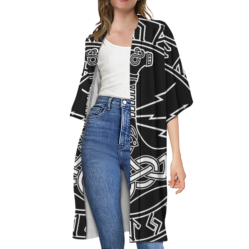 Mjolnir And Younger Futhark Print Open Front Beach Cover Up